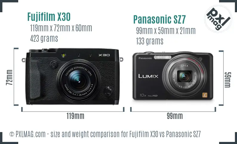Fujifilm X30 vs Panasonic SZ7 size comparison