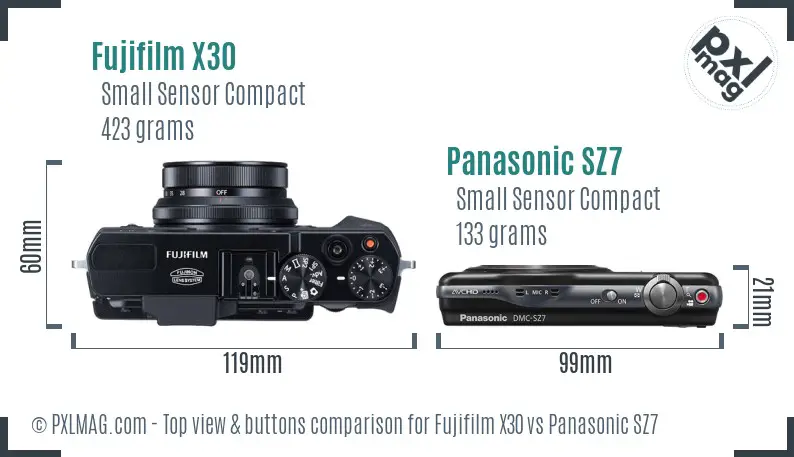 Fujifilm X30 vs Panasonic SZ7 top view buttons comparison