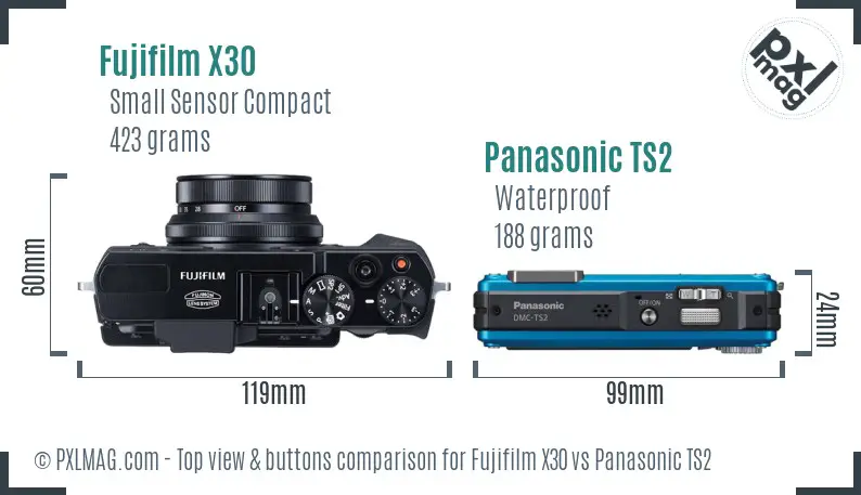 Fujifilm X30 vs Panasonic TS2 top view buttons comparison Fujifilm X30 vs Panasonic TS2 top view buttons comparison