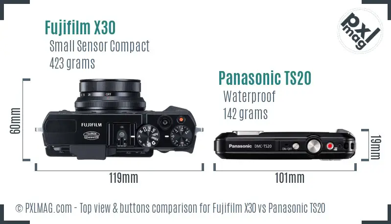 Fujifilm X30 vs Panasonic TS20 top view buttons comparison Fujifilm X30 vs Panasonic TS20 top view buttons comparison