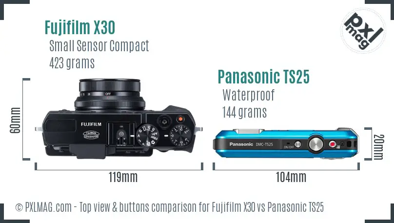 Fujifilm X30 vs Panasonic TS25 top view buttons comparison