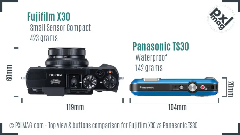 Fujifilm X30 vs Panasonic TS30 top view buttons comparison Fujifilm X30 vs Panasonic TS30 top view buttons comparison