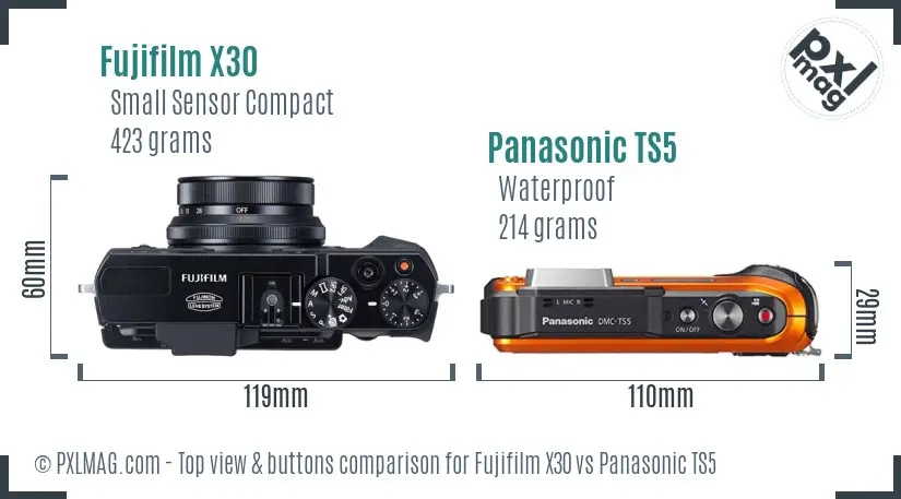 Fujifilm X30 vs Panasonic TS5 top view buttons comparison