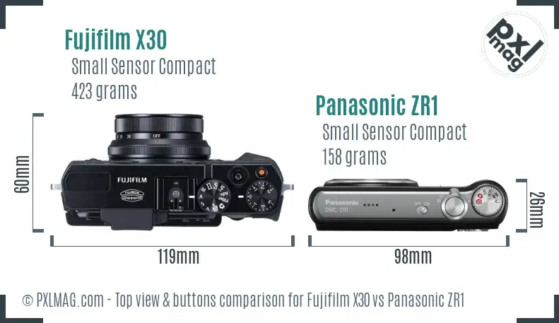 Fujifilm X30 vs Panasonic ZR1 top view buttons comparison