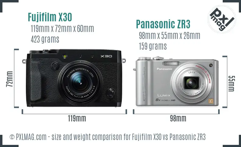Fujifilm X30 vs Panasonic ZR3 size comparison