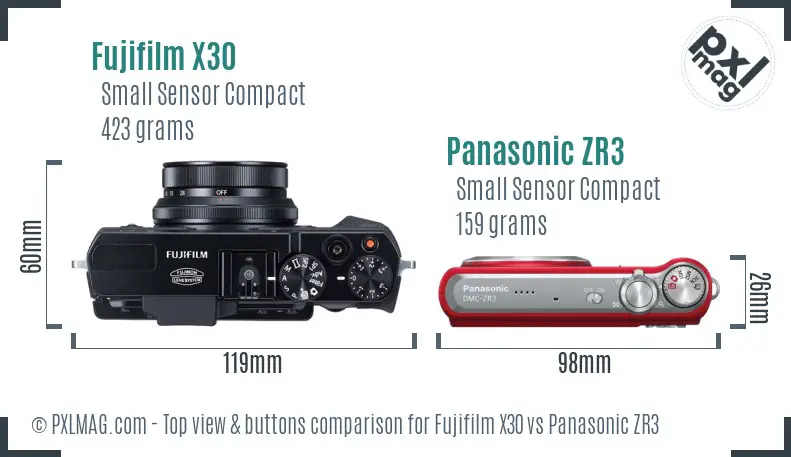 Fujifilm X30 vs Panasonic ZR3 top view buttons comparison
