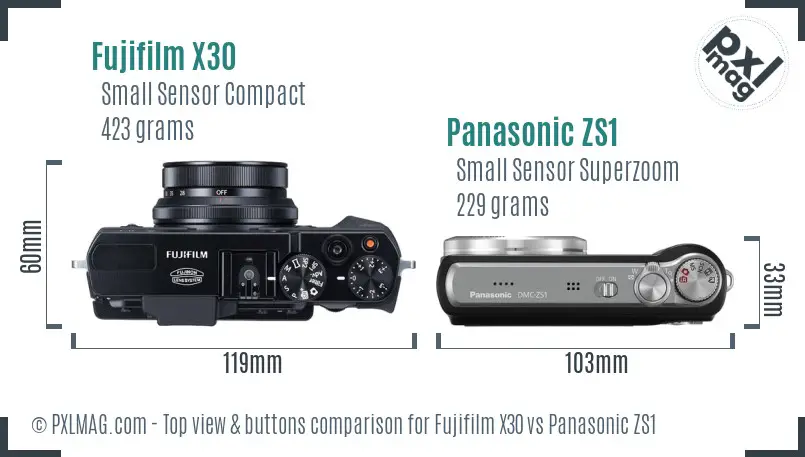 Fujifilm X30 vs Panasonic ZS1 top view buttons comparison