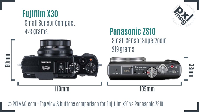 Fujifilm X30 vs Panasonic ZS10 top view buttons comparison