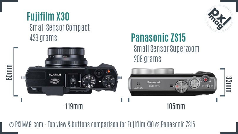 Fujifilm X30 vs Panasonic ZS15 top view buttons comparison