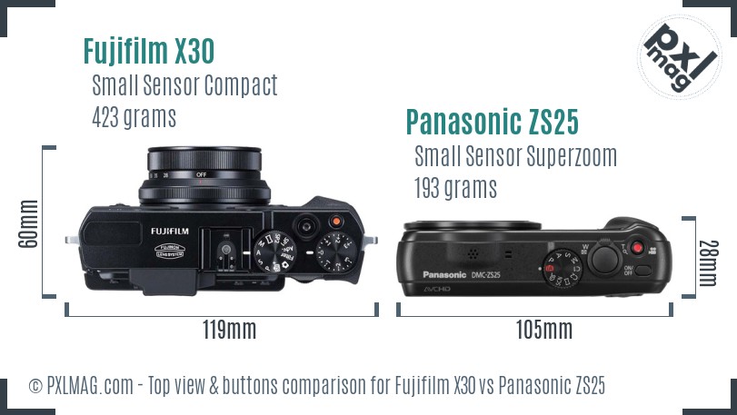 Fujifilm X30 vs Panasonic ZS25 top view buttons comparison