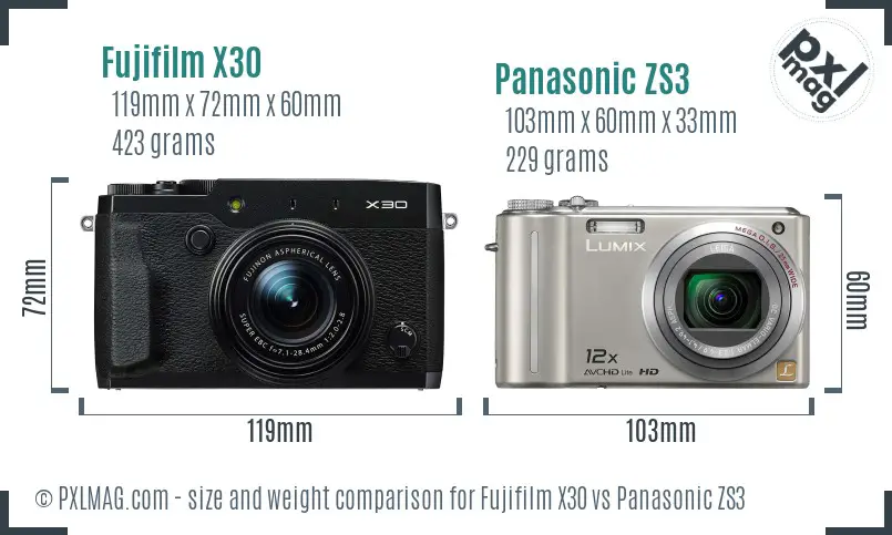 Fujifilm X30 vs Panasonic ZS3 size comparison Fujifilm X30 vs Panasonic ZS3 size comparison