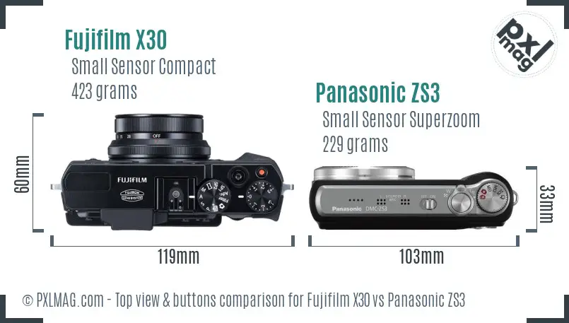 Fujifilm X30 vs Panasonic ZS3 top view buttons comparison Fujifilm X30 vs Panasonic ZS3 top view buttons comparison