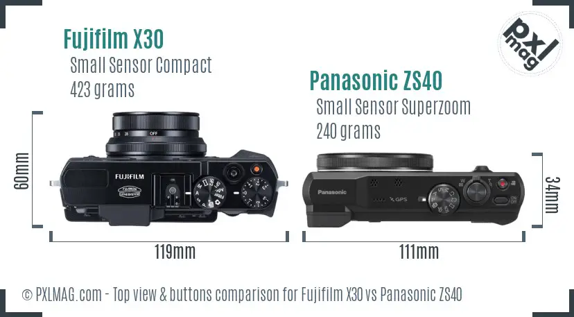 Fujifilm X30 vs Panasonic ZS40 top view buttons comparison