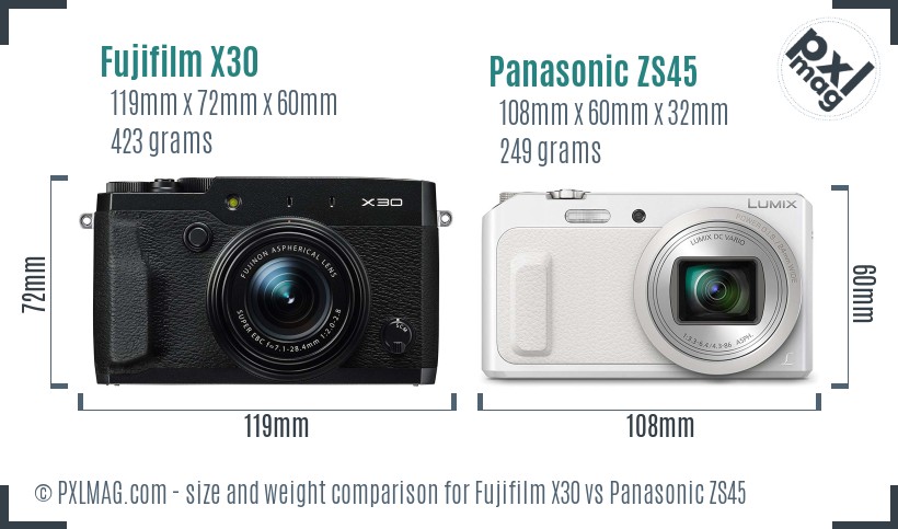 Fujifilm X30 vs Panasonic ZS45 size comparison Fujifilm X30 vs Panasonic ZS45 size comparison