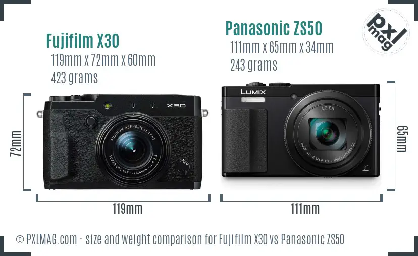 Fujifilm X30 vs Panasonic ZS50 size comparison