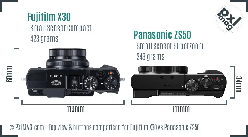 Fujifilm X30 vs Panasonic ZS50 top view buttons comparison