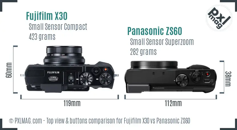 Fujifilm X30 vs Panasonic ZS60 top view buttons comparison