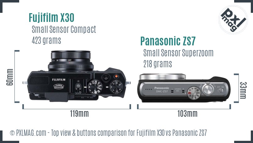 Fujifilm X30 vs Panasonic ZS7 top view buttons comparison
