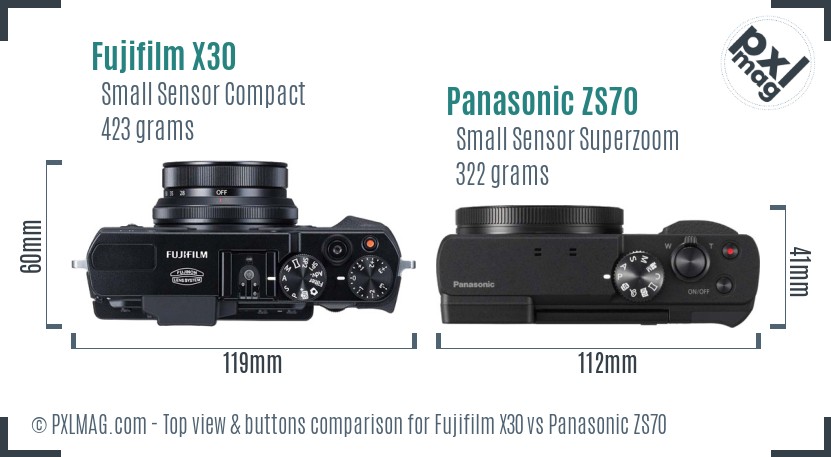 Fujifilm X30 vs Panasonic ZS70 top view buttons comparison