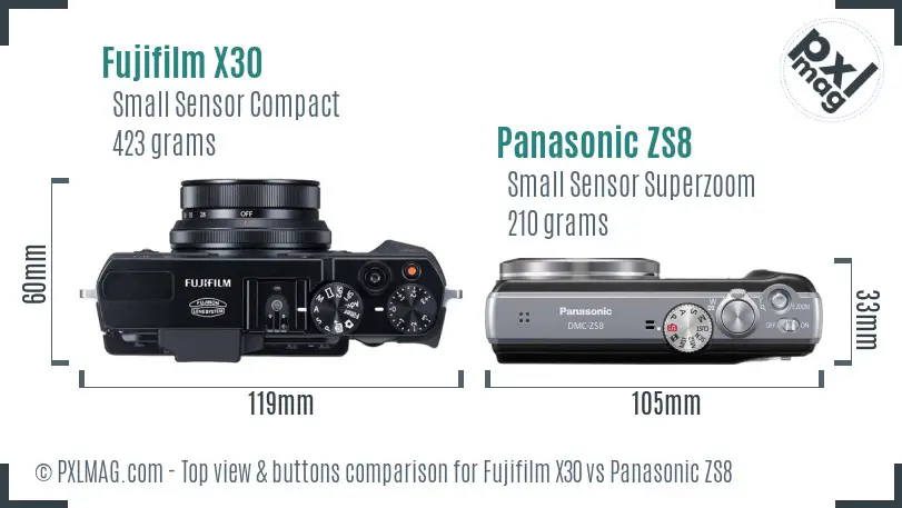 Fujifilm X30 vs Panasonic ZS8 top view buttons comparison Fujifilm X30 vs Panasonic ZS8 top view buttons comparison