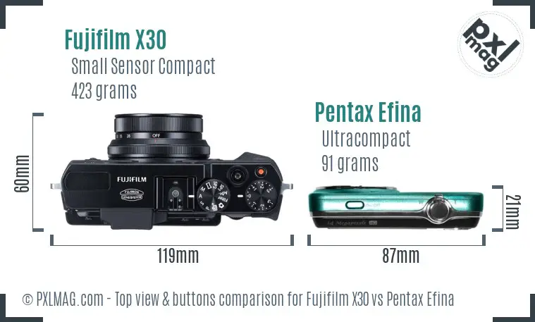 Fujifilm X30 vs Pentax Efina top view buttons comparison