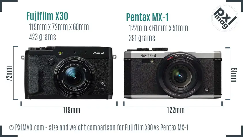 Fujifilm X30 vs Pentax MX-1 size comparison