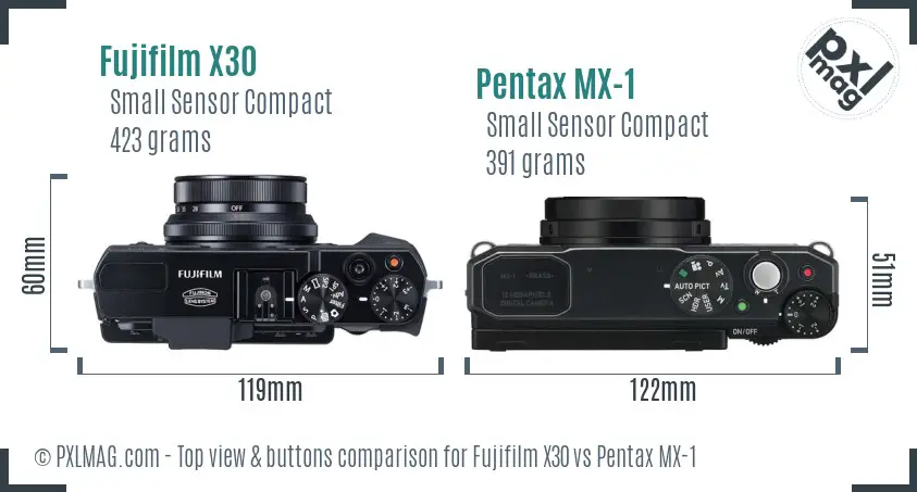 Fujifilm X30 vs Pentax MX-1 top view buttons comparison