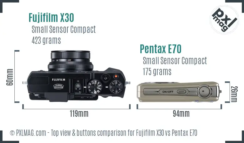 Fujifilm X30 vs Pentax E70 top view buttons comparison
