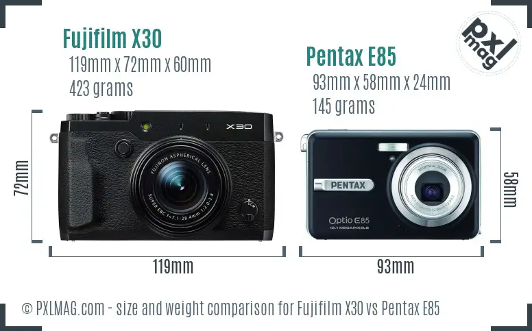 Fujifilm X30 vs Pentax E85 size comparison
