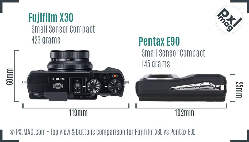 Fujifilm X30 vs Pentax E90 top view buttons comparison