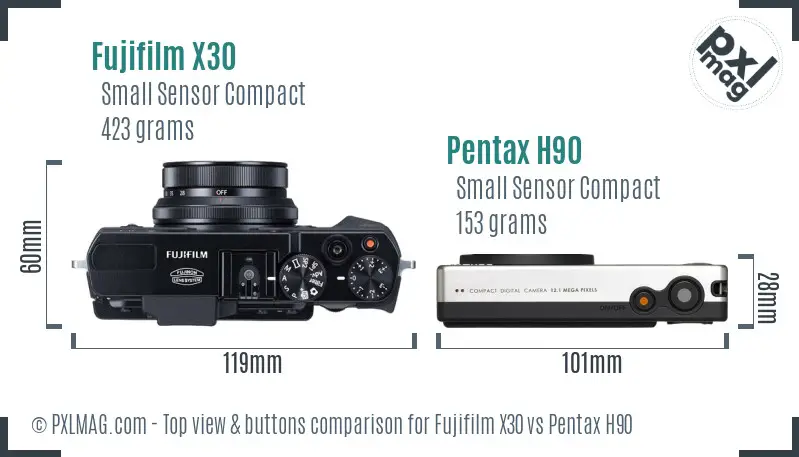 Fujifilm X30 vs Pentax H90 top view buttons comparison