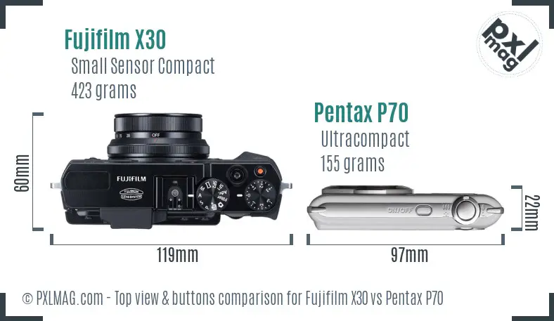 Fujifilm X30 vs Pentax P70 top view buttons comparison