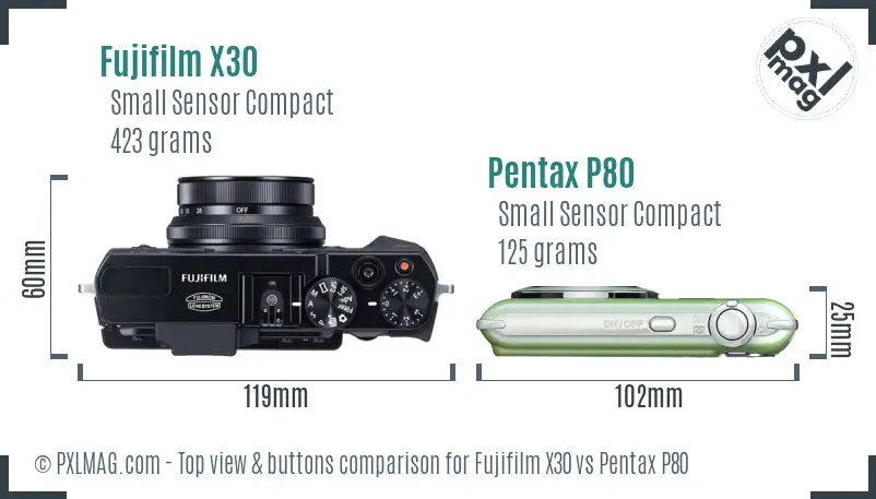 Fujifilm X30 vs Pentax P80 top view buttons comparison