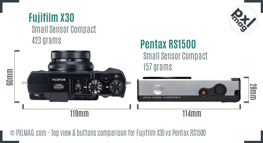 Fujifilm X30 vs Pentax RS1500 top view buttons comparison