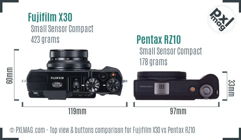 Fujifilm X30 vs Pentax RZ10 top view buttons comparison