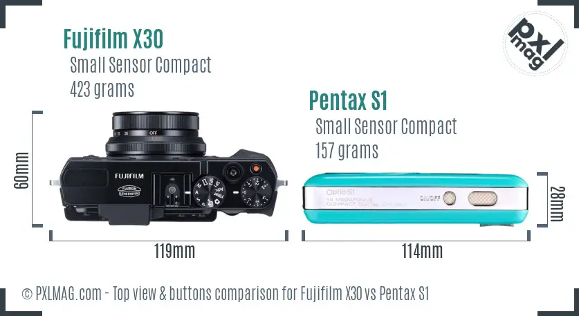 Fujifilm X30 vs Pentax S1 top view buttons comparison