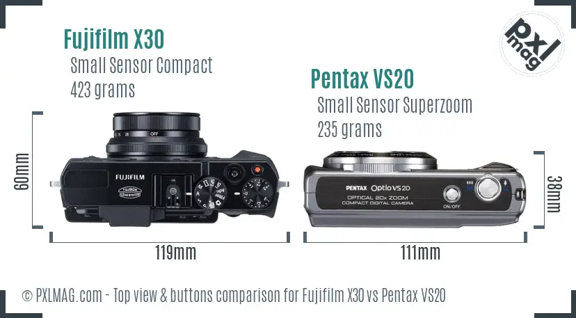 Fujifilm X30 vs Pentax VS20 top view buttons comparison Fujifilm X30 vs Pentax VS20 top view buttons comparison