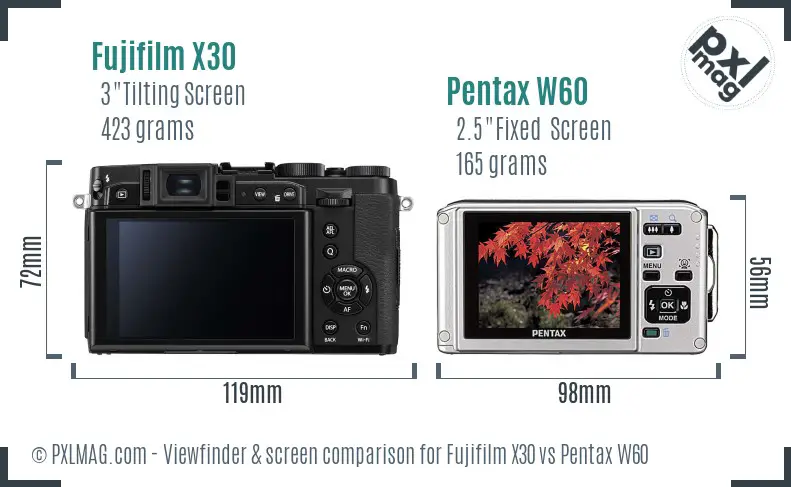 Fujifilm X30 vs Pentax W60 Screen and Viewfinder comparison