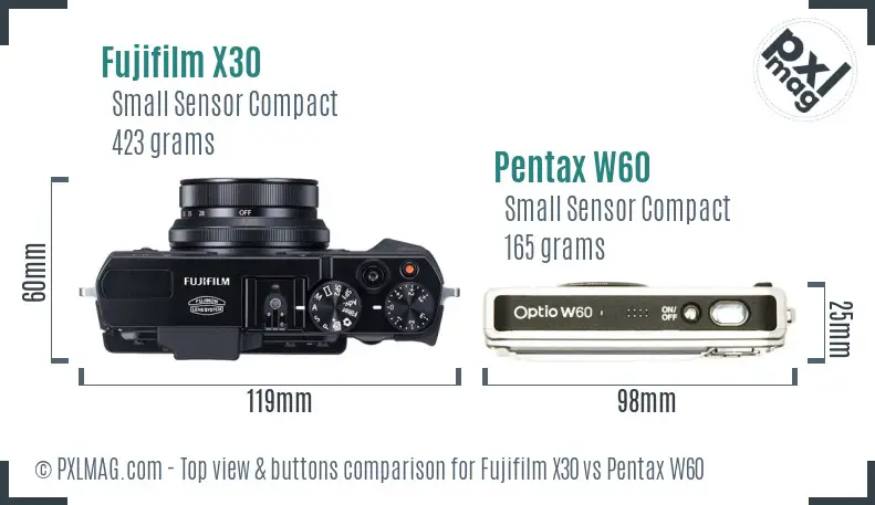 Fujifilm X30 vs Pentax W60 top view buttons comparison