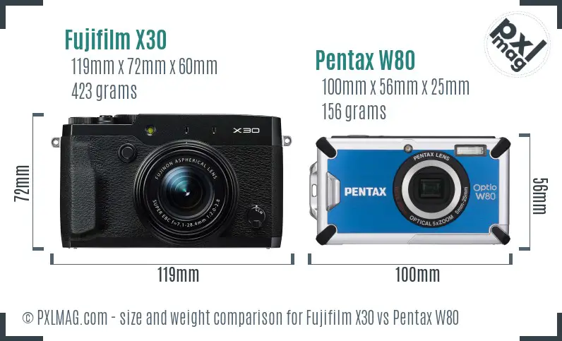 Fujifilm X30 vs Pentax W80 size comparison