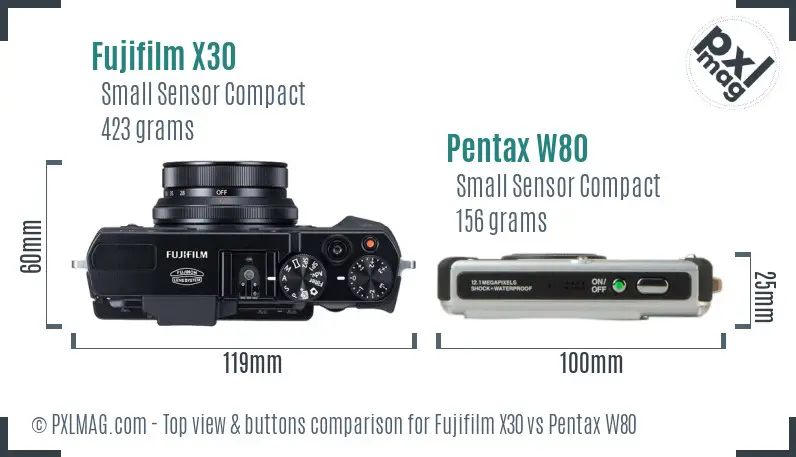 Fujifilm X30 vs Pentax W80 top view buttons comparison