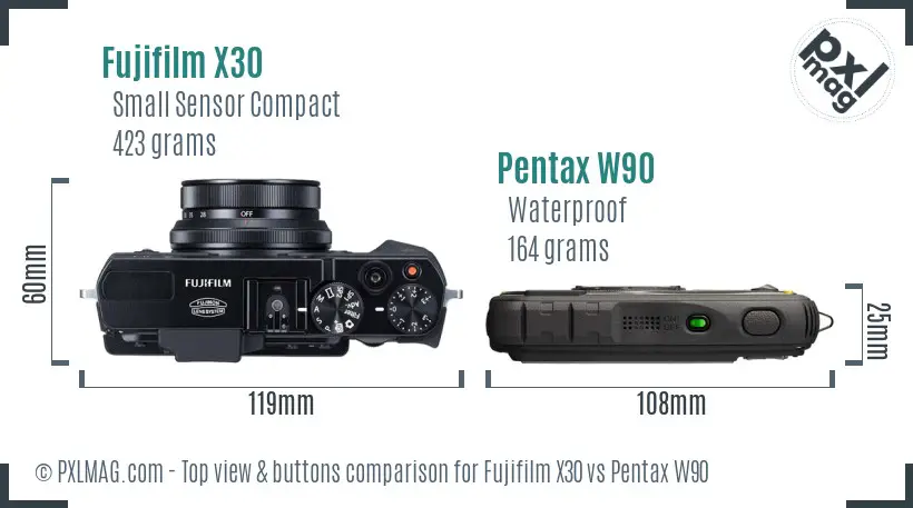 Fujifilm X30 vs Pentax W90 top view buttons comparison
