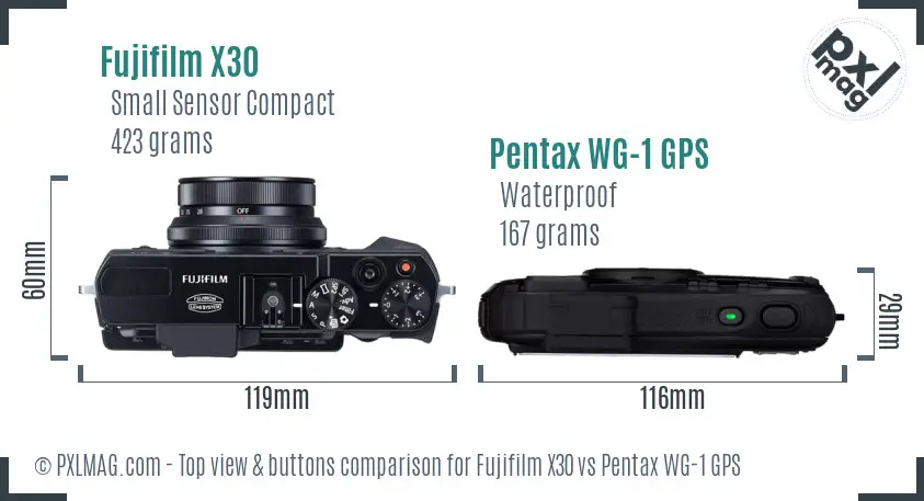 Fujifilm X30 vs Pentax WG-1 GPS top view buttons comparison Fujifilm X30 vs Pentax WG-1 GPS top view buttons comparison