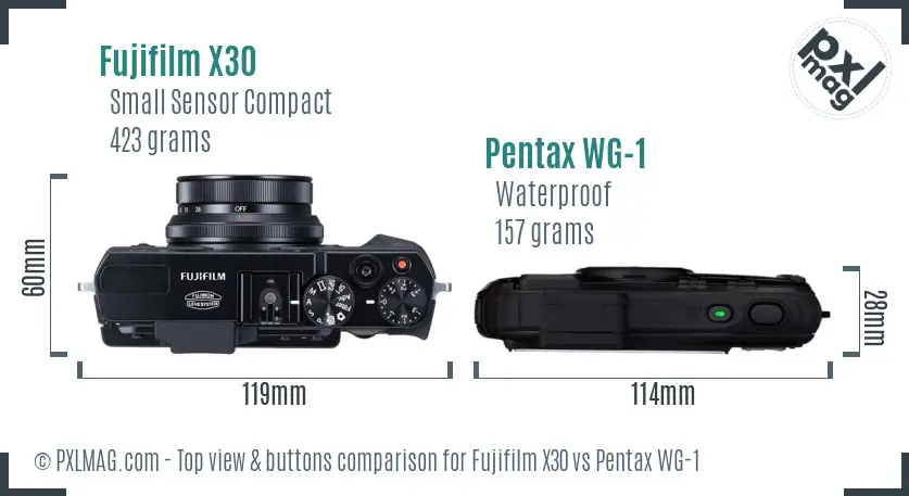 Fujifilm X30 vs Pentax WG-1 top view buttons comparison Fujifilm X30 vs Pentax WG-1 top view buttons comparison