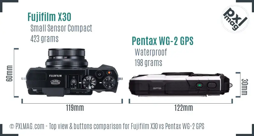 Fujifilm X30 vs Pentax WG-2 GPS top view buttons comparison