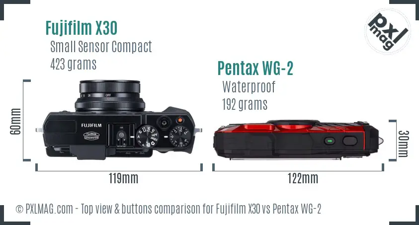 Fujifilm X30 vs Pentax WG-2 top view buttons comparison