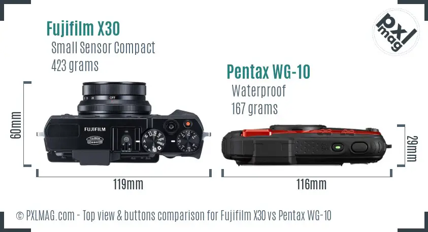 Fujifilm X30 vs Pentax WG-10 top view buttons comparison