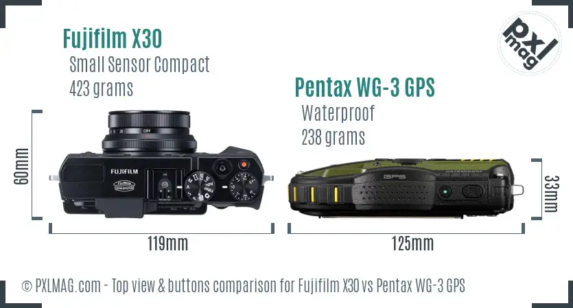 Fujifilm X30 vs Pentax WG-3 GPS top view buttons comparison Fujifilm X30 vs Pentax WG-3 GPS top view buttons comparison