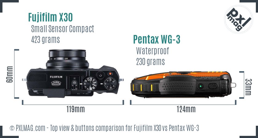 Fujifilm X30 vs Pentax WG-3 top view buttons comparison