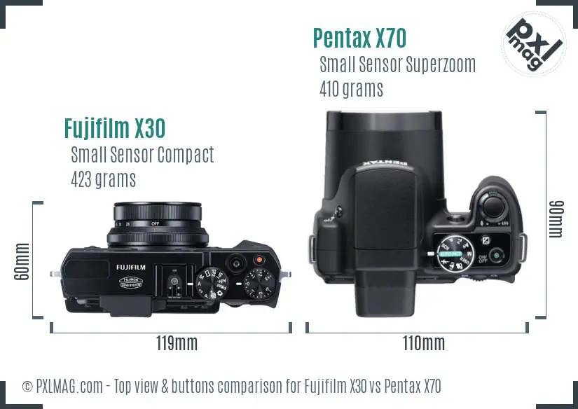 Fujifilm X30 vs Pentax X70 top view buttons comparison